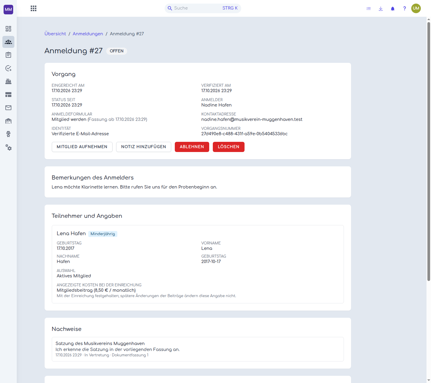 Offener verifizierter Demo-Vorgang mit Kontakt, Bemerkung und Kinderangaben