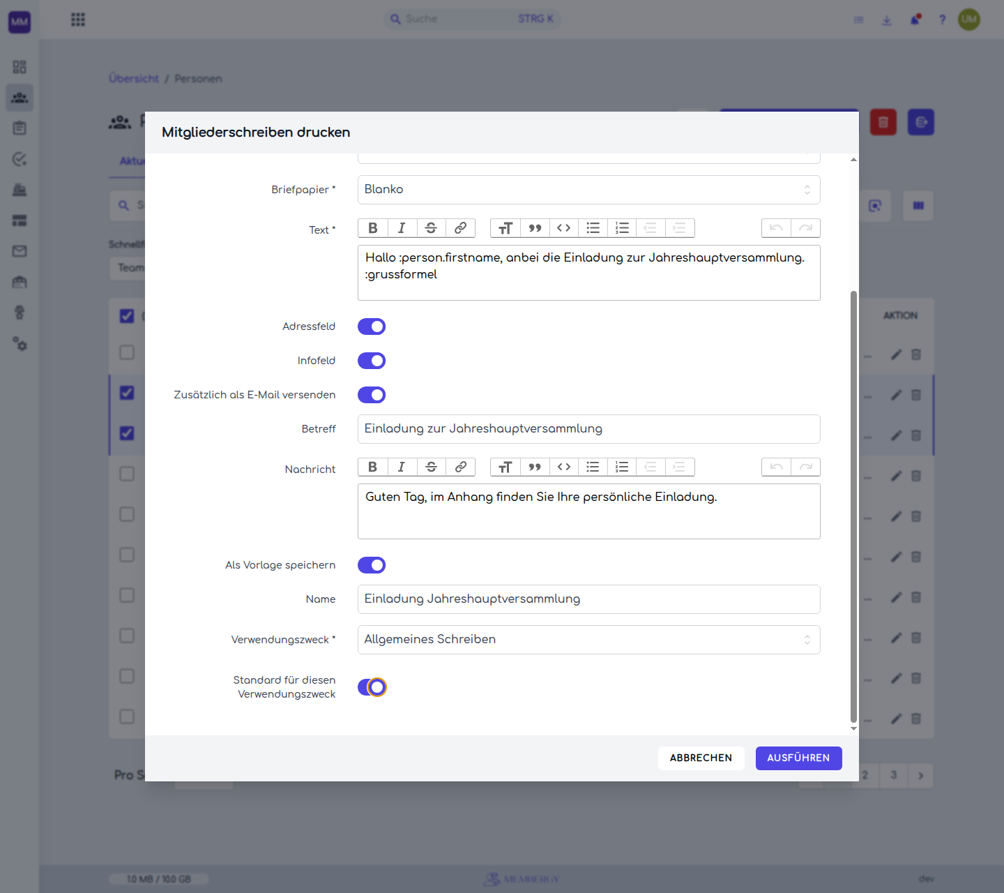 Name, Verwendungszweck und Standardkennzeichen beim Speichern einer Briefvorlage