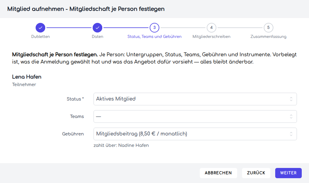 Vorgeschlagene Mitgliedschaft und Gebühr für das Kind mit der Sorgeberechtigten als Zahlerin